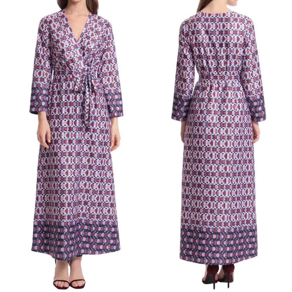 Donna Morgan Caelen Geo Wrap Tie Waist Long Sleeve Maxi Dress Purple Boho 4